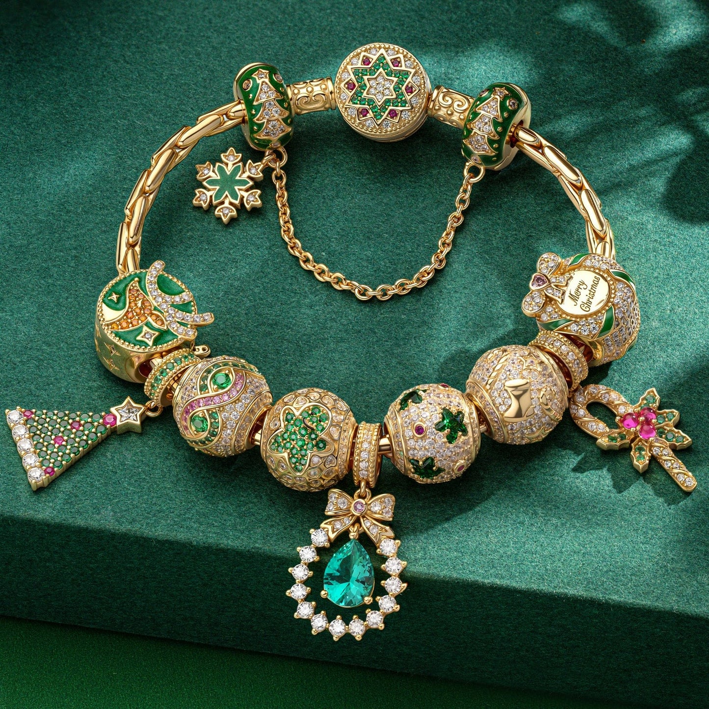 Sterling Silver Merry Gathering Charms Bracelet Set With Enamel In 14K Gold Plated (Includes bracelet and all charms shown)