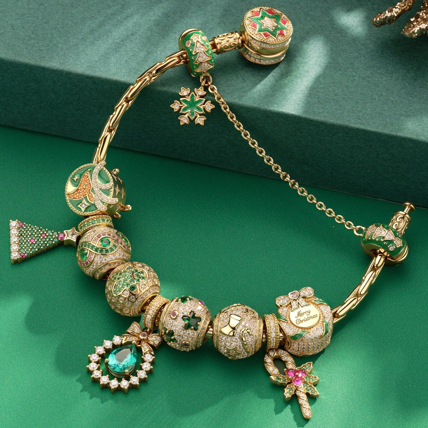 Sterling Silver Merry Gathering Charms Bracelet Set With Enamel In 14K Gold Plated (Includes bracelet and all charms shown)