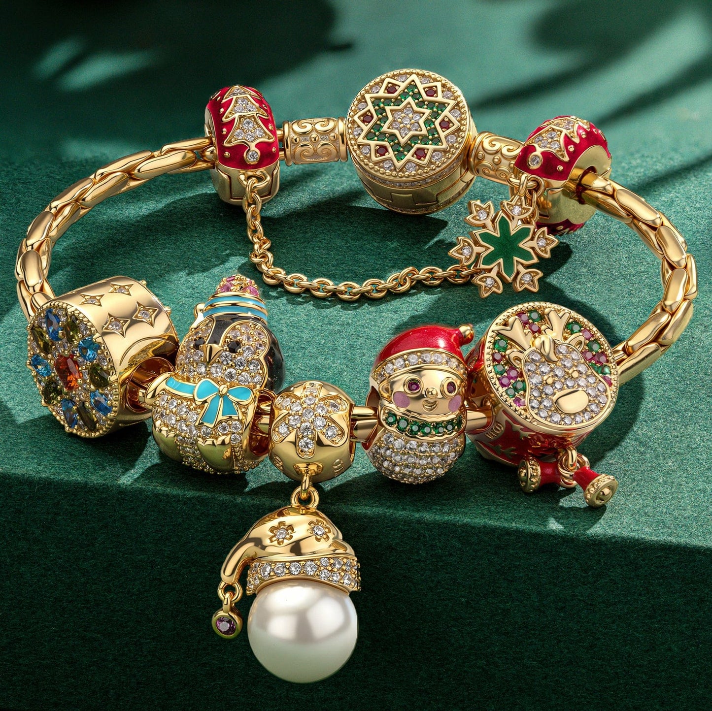 Christmas Sale Limited Special - Sterling Silver Pearl Winterland Charms Bracelet Set With Enamel In 14K Gold Plated (Includes bracelet and all charms shown)-Created With SWAROVSKI® Crystals