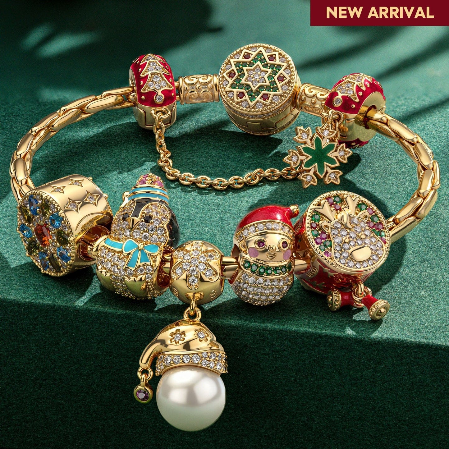 Sterling Silver Pearl Winterland Charms Bracelet Set With Enamel In 14K Gold Plated (Includes bracelet and all charms shown)-Created With SWAROVSKI® Crystals