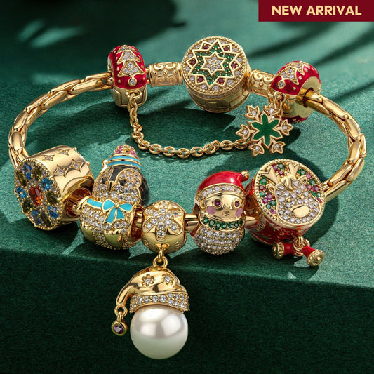 gona- Sterling Silver Pearl Winterland Charms Bracelet Set With Enamel In 14K Gold Plated (Includes bracelet and all charms shown)-Created With SWAROVSKI® Crystals