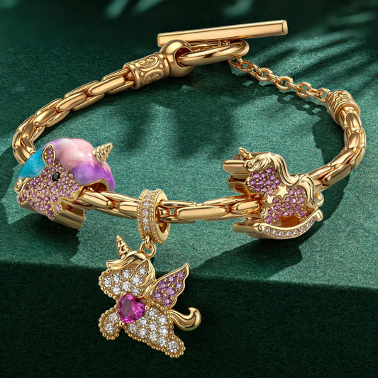 gona- Sterling Silver Starry Wish Unicorn Charms Bracelet Set With Enamel In 14K Gold Plated (Includes bracelet and all charms shown)
