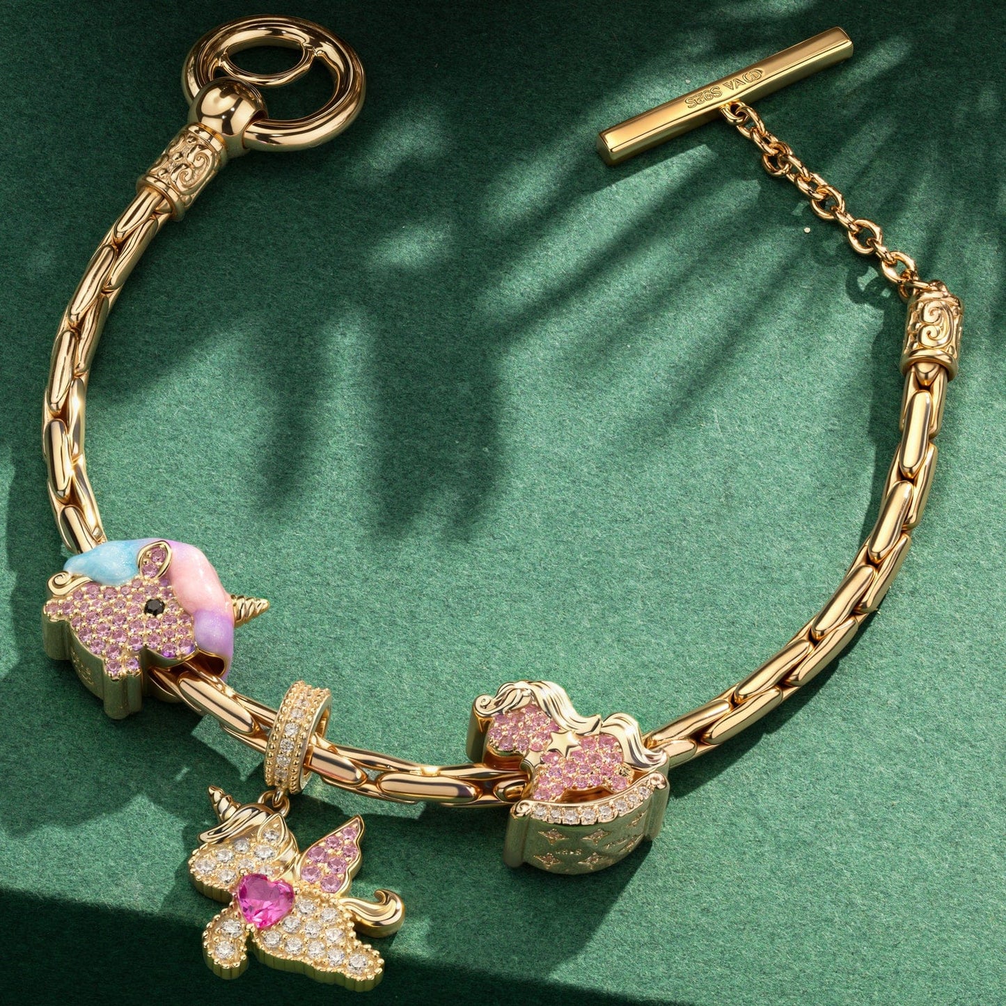 Sterling Silver Starry Wish Unicorn Charms Bracelet Set With Enamel In 14K Gold Plated (Includes bracelet and all charms shown)