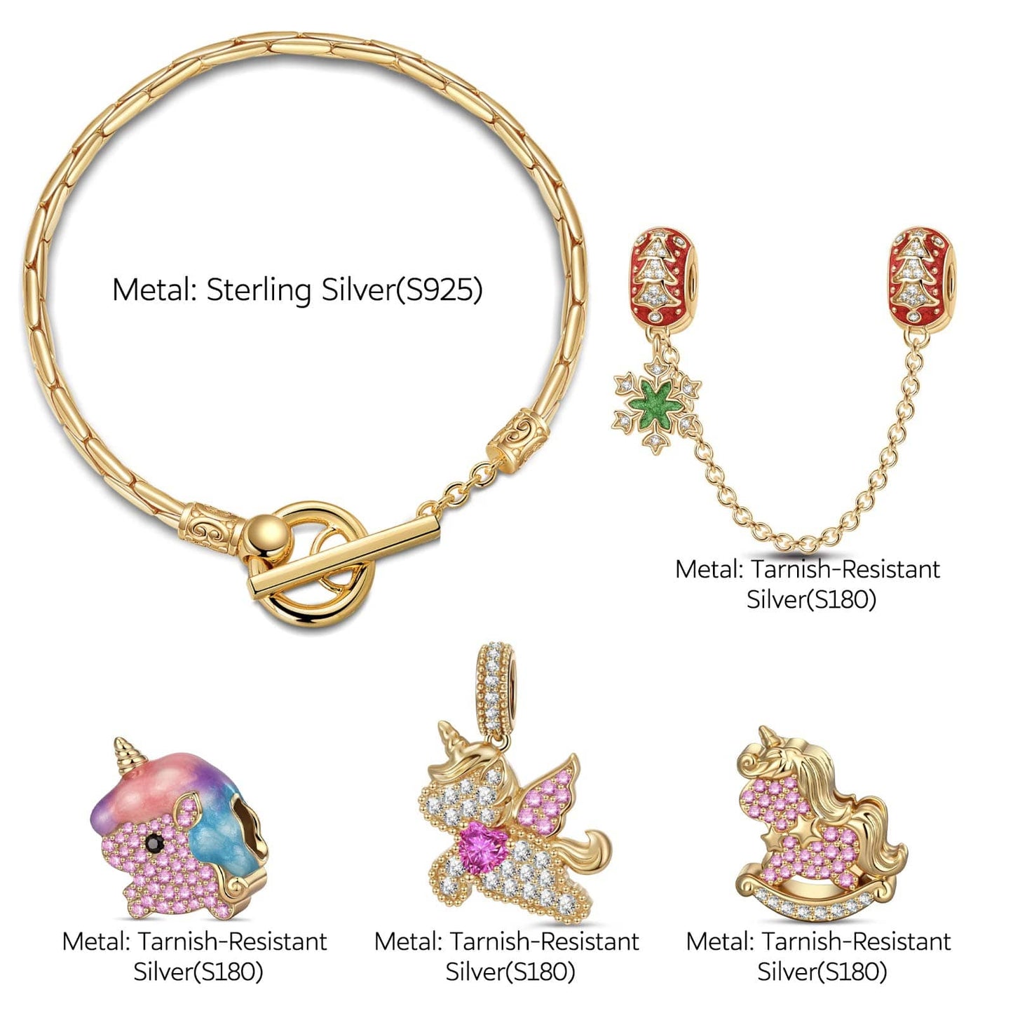 Sterling Silver Starry Wish Unicorn Charms Bracelet Set With Enamel In 14K Gold Plated (Includes bracelet and all charms shown)
