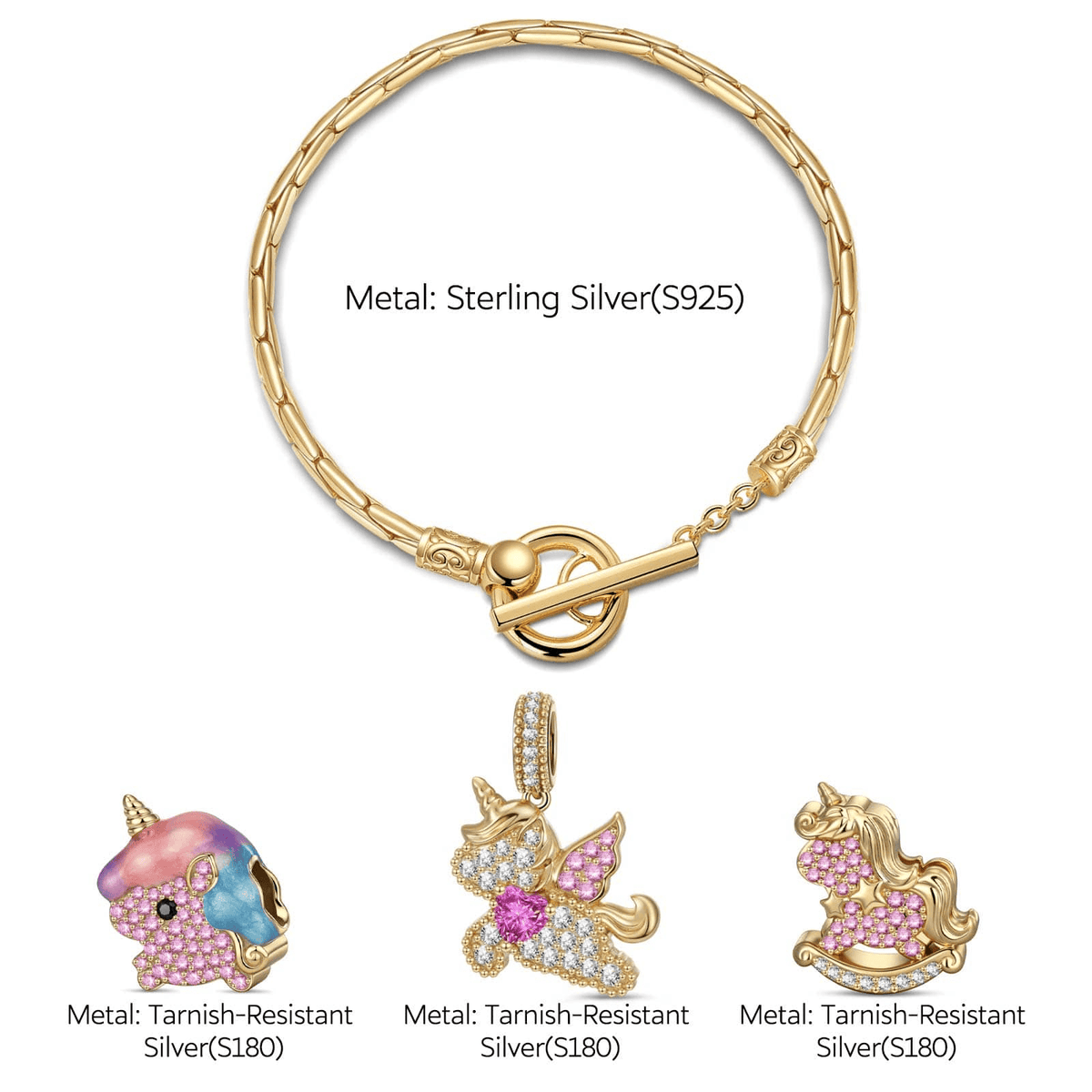 Sterling Silver Starry Wish Unicorn Charms Bracelet Set With Enamel In 14K Gold Plated (Includes bracelet and all charms shown)