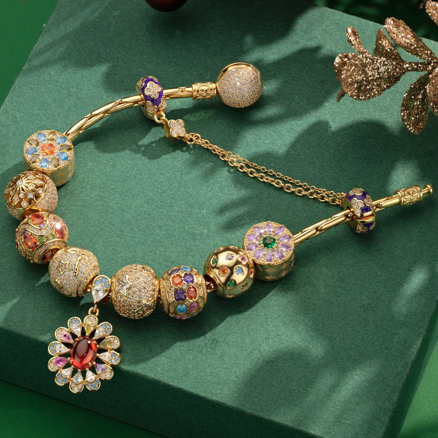 Sterling Silver  Vibrant Winter Days Charms Bracelet Set In 14K Gold Plated (Includes bracelet and all charms shown)