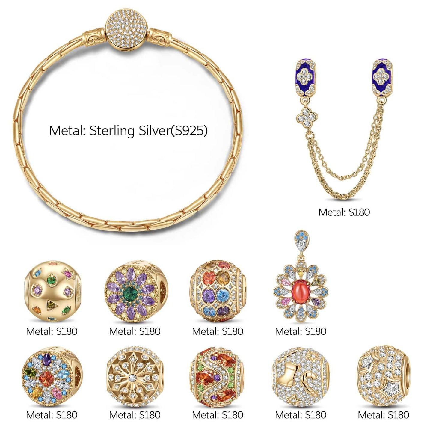 Sterling Silver  Vibrant Winter Days Charms Bracelet Set In 14K Gold Plated (Includes bracelet and all charms shown)