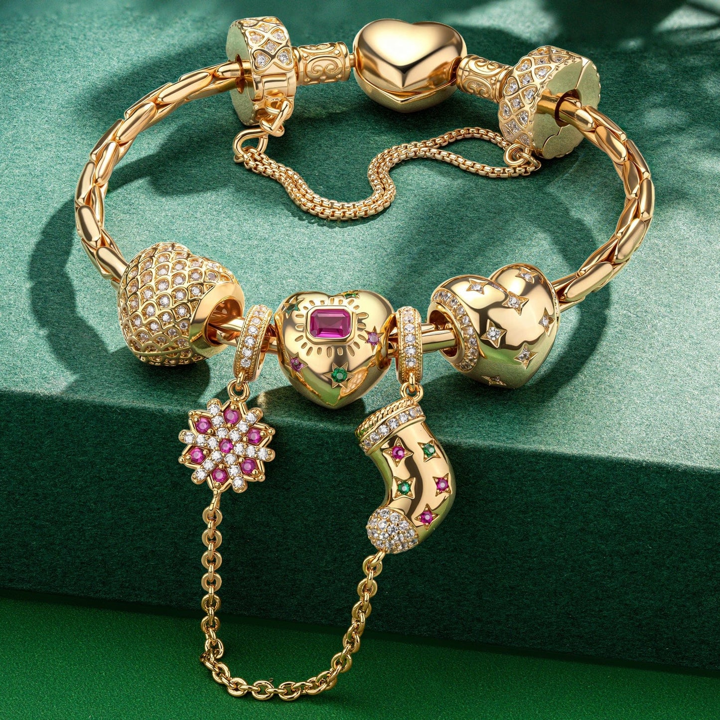 Sterling Silver  Heart's Splendor Charms Bracelet Set In 14K Gold Plated (Includes bracelet and all charms shown)