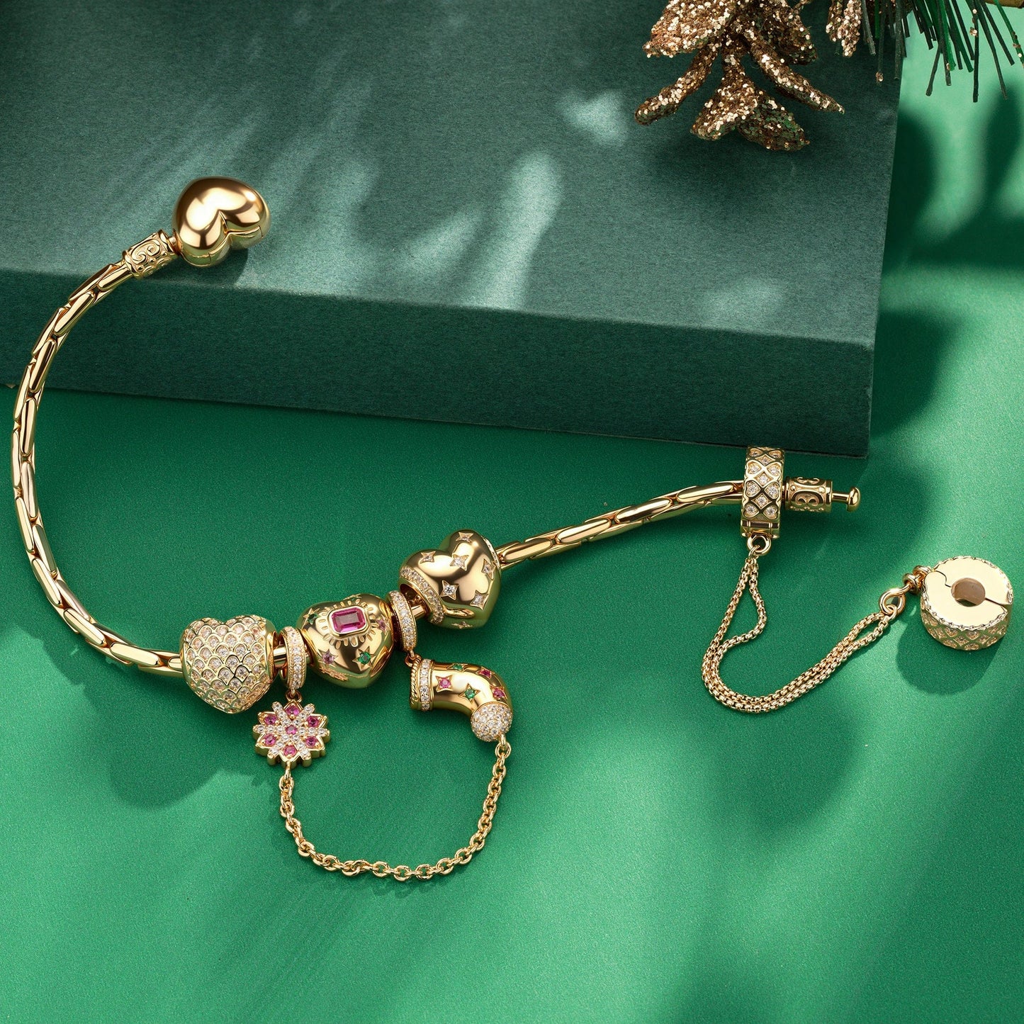 Sterling Silver  Heart's Splendor Charms Bracelet Set In 14K Gold Plated (Includes bracelet and all charms shown)