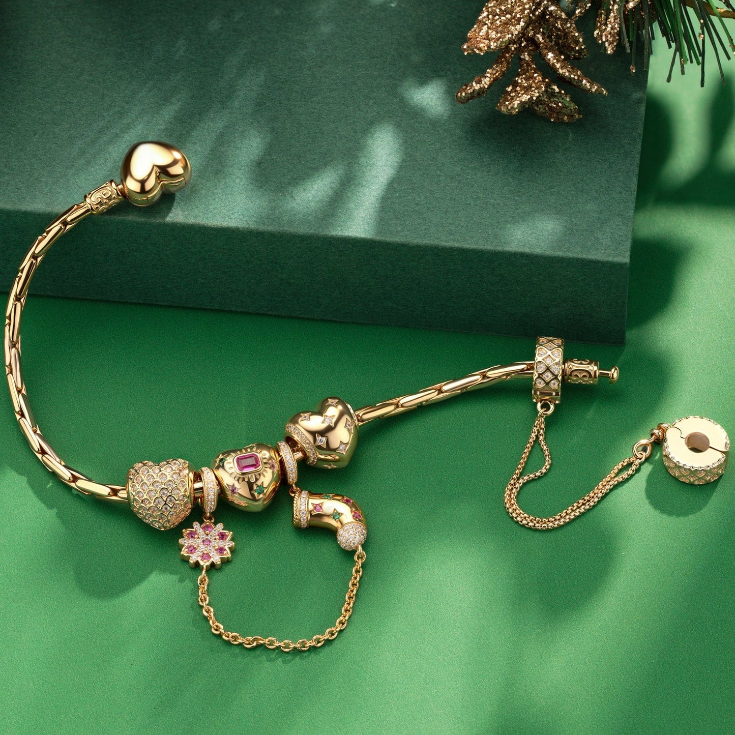 Sterling Silver Heart's Splendor Charms Bracelet Set In 14K Gold Plated (Includes bracelet and all charms shown)