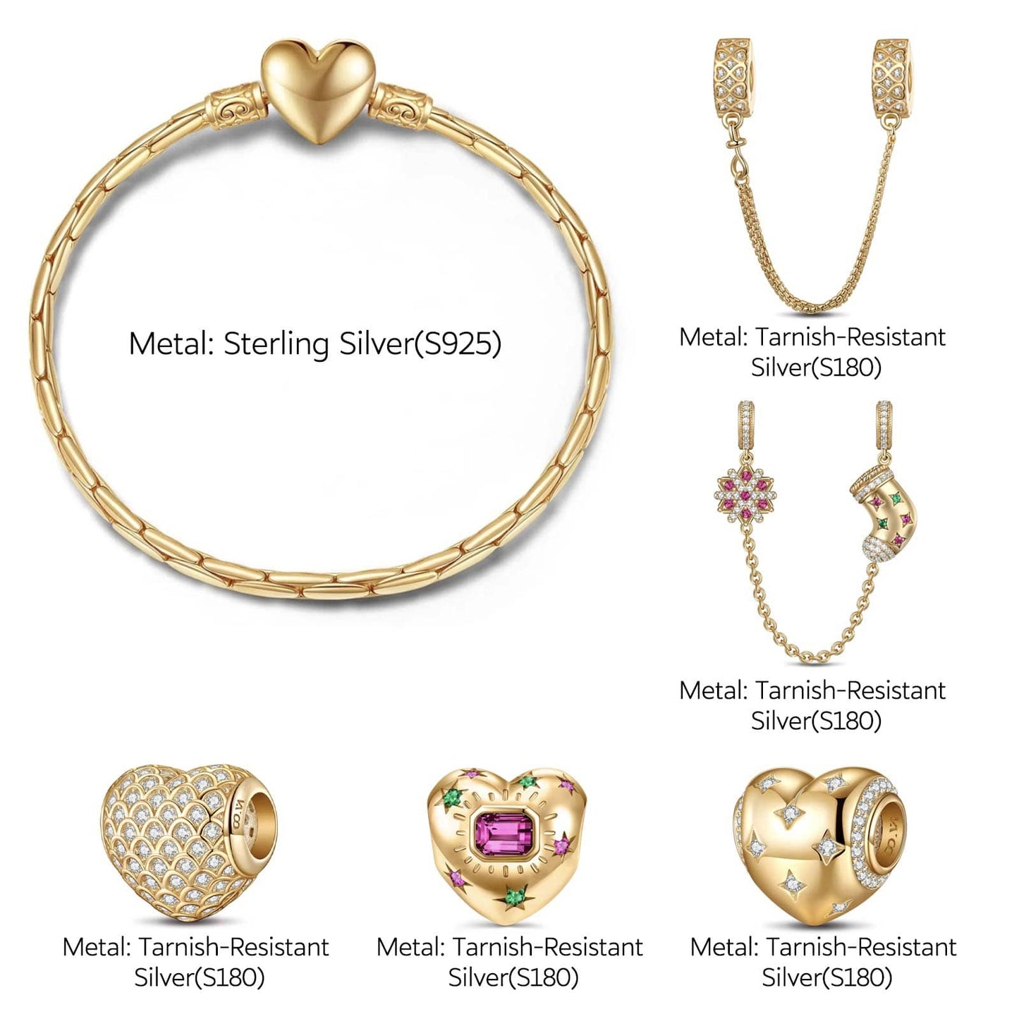 Sterling Silver  Heart's Splendor Charms Bracelet Set In 14K Gold Plated (Includes bracelet and all charms shown)