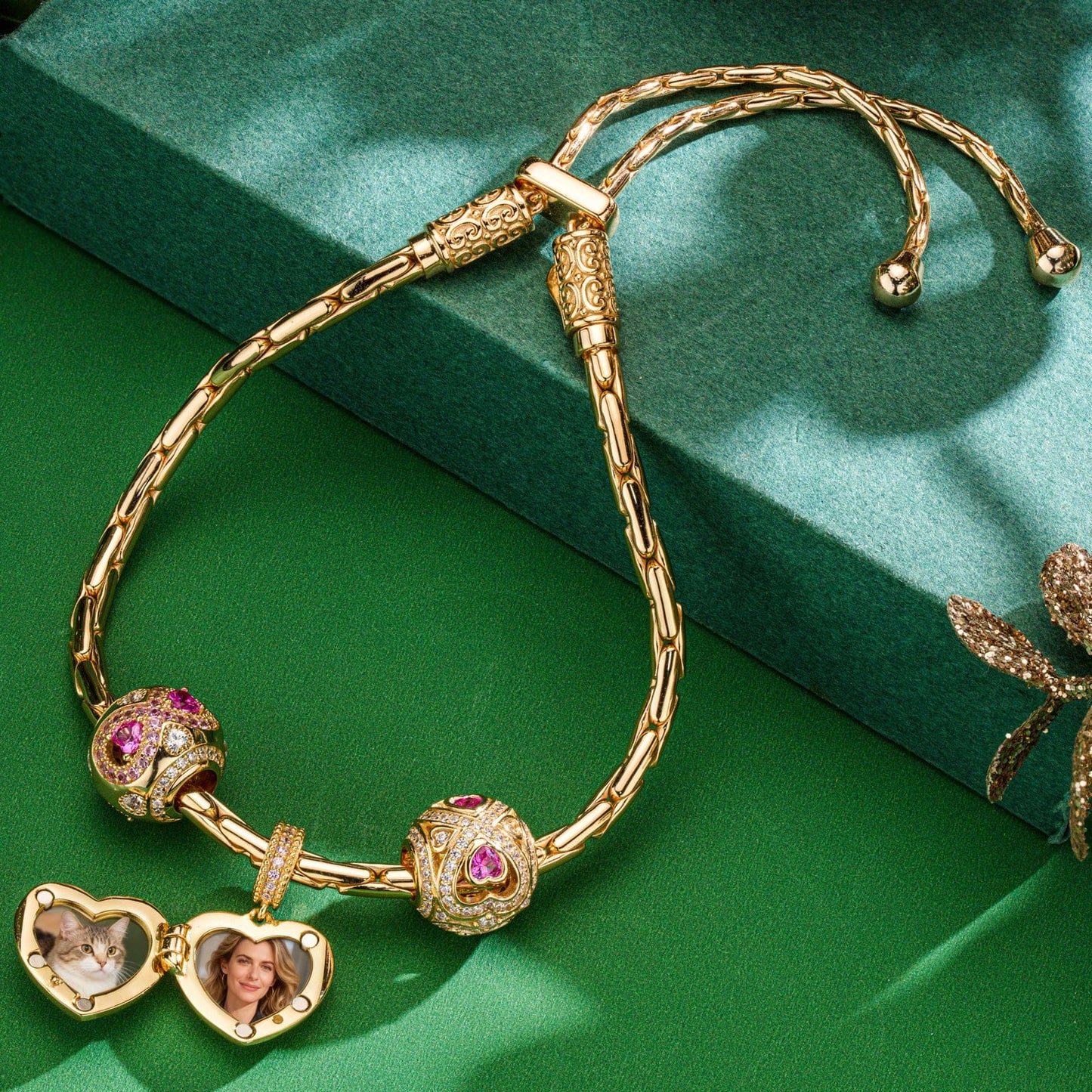 Sterling Silver Holiday Mosaic Charms Bracelet Set In 14K Gold Plated (Includes bracelet and all charms shown)