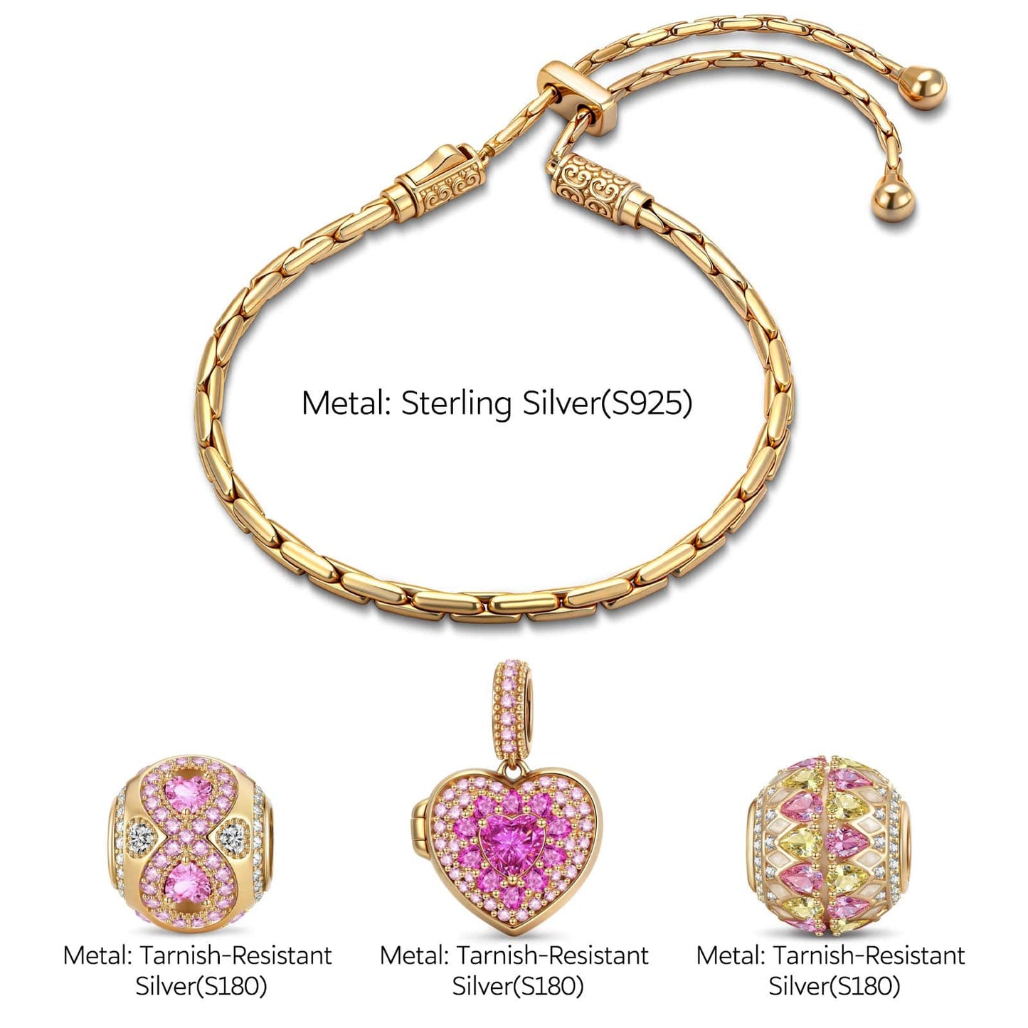 Sterling Silver Holiday Mosaic Charms Bracelet Set In 14K Gold Plated (Includes bracelet and all charms shown)