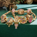 Pink Wonderland Tarnish-resistant Silver Charms Bracelet Set With Enamel In 14K Gold Plated (Includes bracelet and all charms shown)