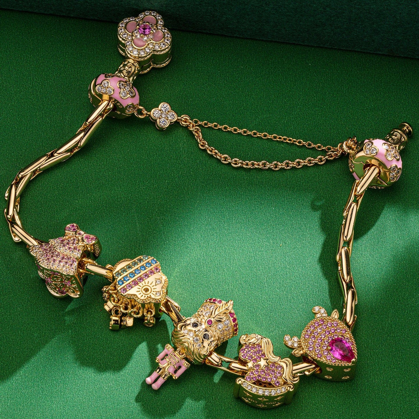 Pink Wonderland Tarnish-resistant Silver Charms Bracelet Set With Enamel In 14K Gold Plated (Includes bracelet and all charms shown)