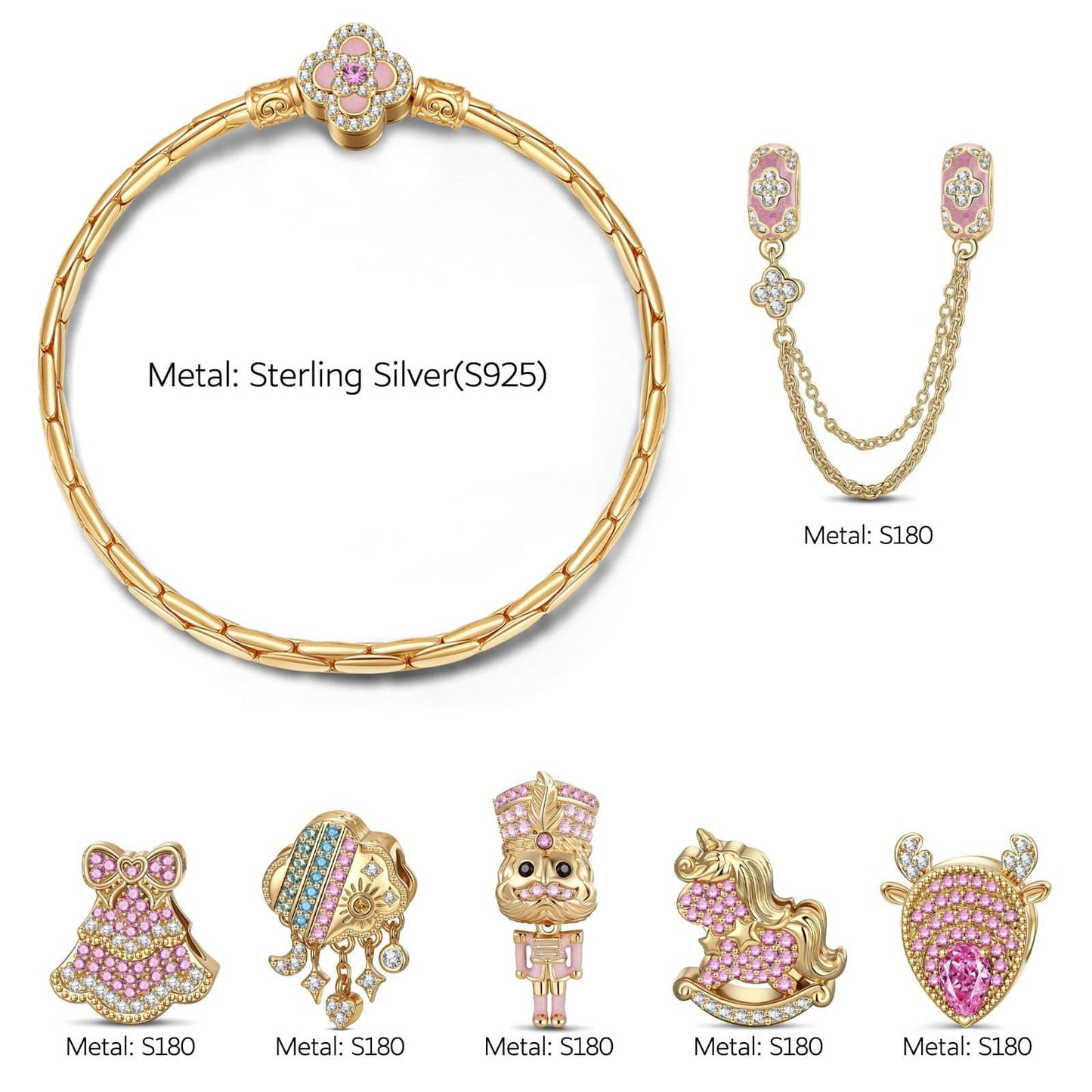 Sterling Silver Pink Wonderland Charms Bracelet Set With Enamel In 14K Gold Plated (Includes bracelet and all charms shown)