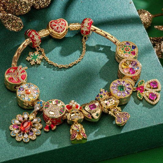 gona- Sterling Silver Enchanted Christmas Kingdom Charms Bracelet Set With Enamel In 14K Gold Plated (Includes bracelet and all charms shown)