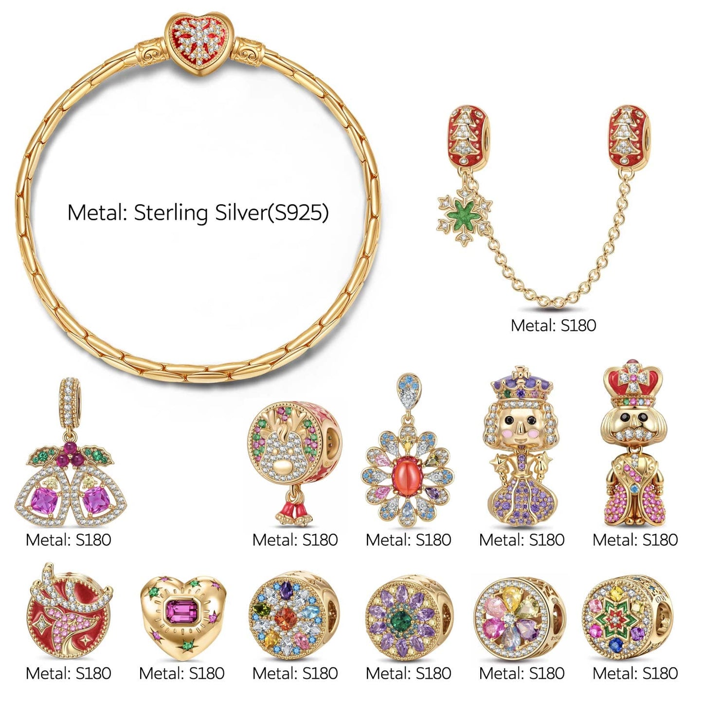Sterling Silver Enchanted Christmas Kingdom Charms Bracelet Set With Enamel In 14K Gold Plated (Includes bracelet and all charms shown)