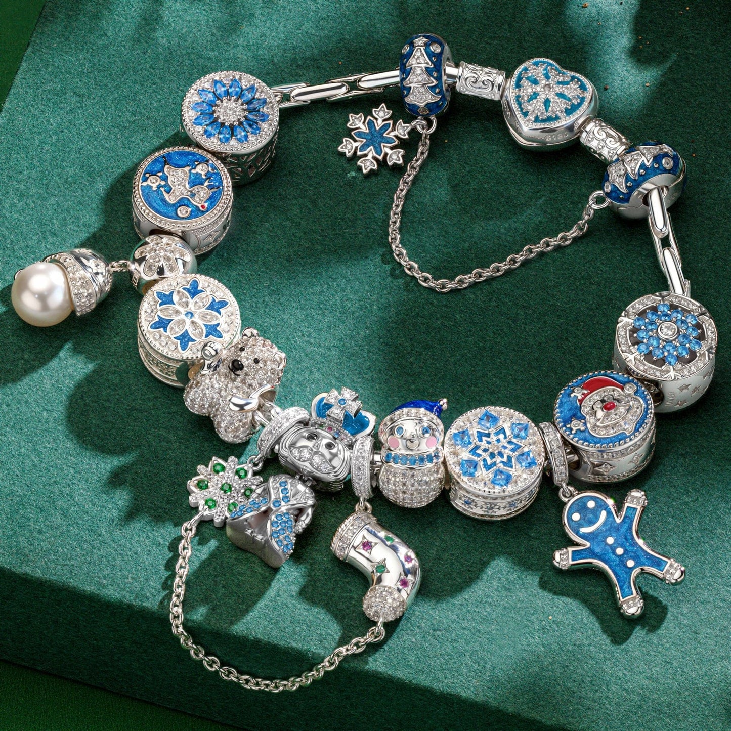 Sterling Silver Snowy Christmas Charms Bracelet Set With Enamel In White Gold Plated (Includes bracelet and all charms shown)