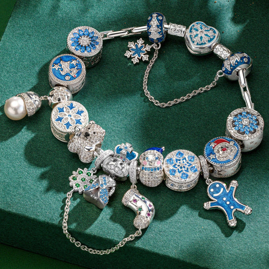 gona- Sterling Silver Snowy Christmas Charms Bracelet Set With Enamel In White Gold Plated (Includes bracelet and all charms shown)
