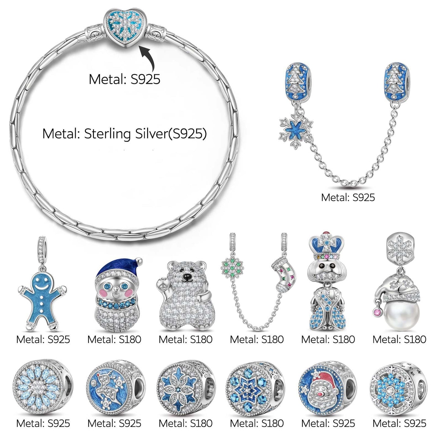 Sterling Silver Snowy Christmas Charms Bracelet Set With Enamel In White Gold Plated (Includes bracelet and all charms shown)
