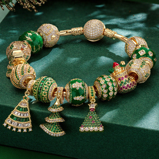 gona- Sterling Silver Christmas Miracle Charms Bracelet Set With Enamel In 14K Gold Plated (Includes bracelet and all charms shown)