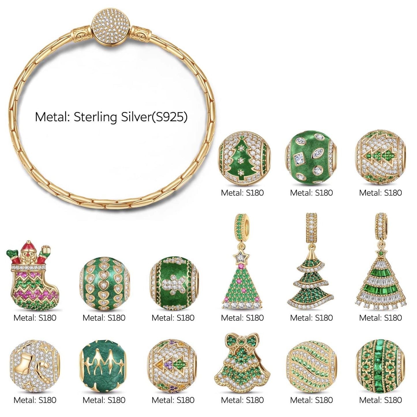 Sterling Silver Christmas Miracle Charms Bracelet Set With Enamel In 14K Gold Plated (Includes bracelet and all charms shown)