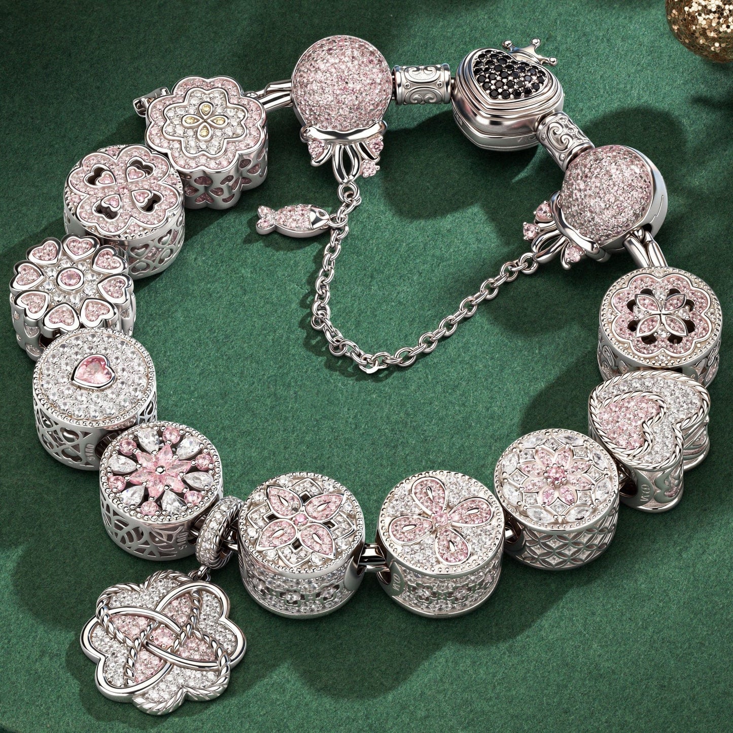 Sterling Silver Captivating Fairytale Charms Bracelet Set In White Gold Plated (Includes bracelet and all charms shown)