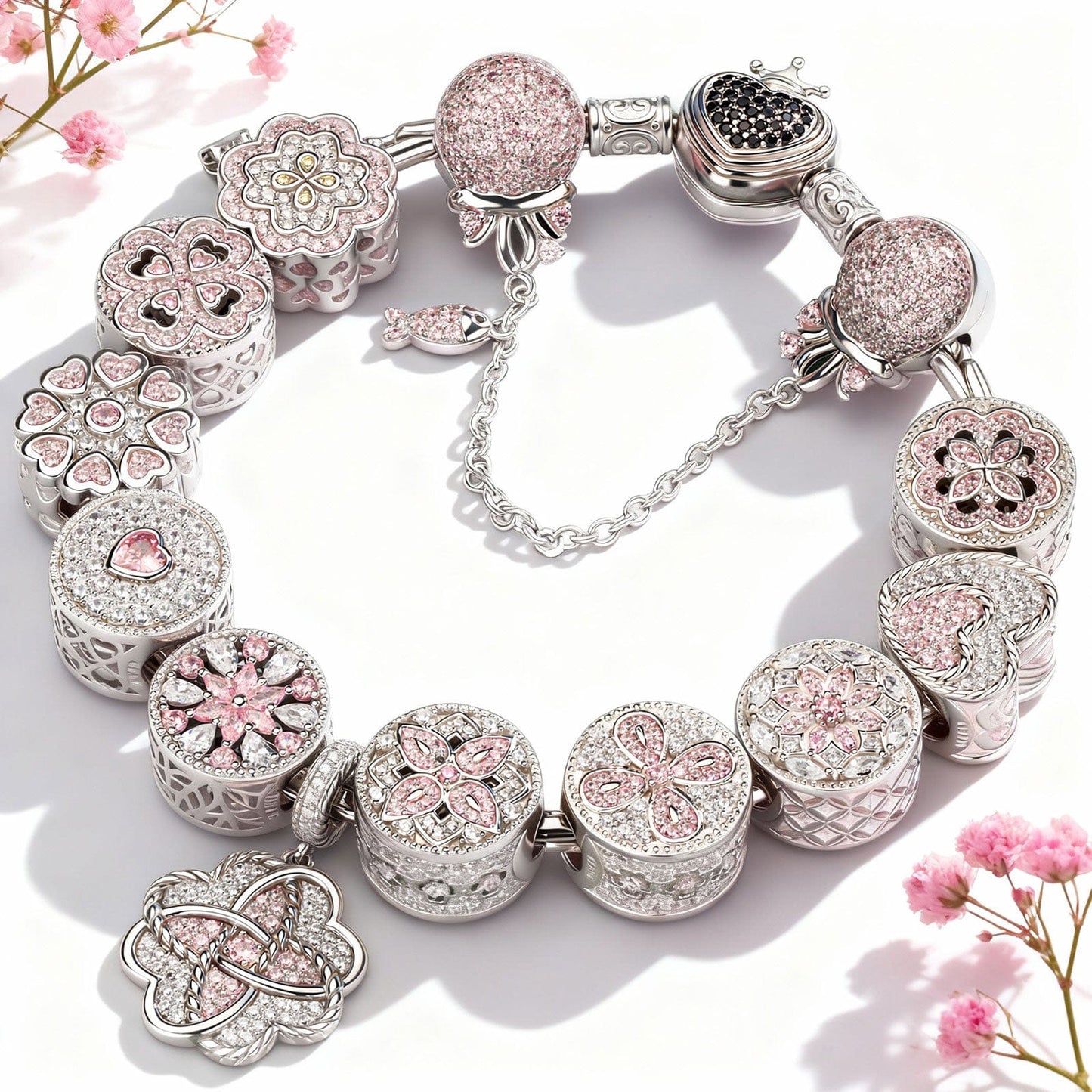 Sterling Silver Captivating Fairytale Charms Bracelet Set In White Gold Plated (Includes bracelet and all charms shown)