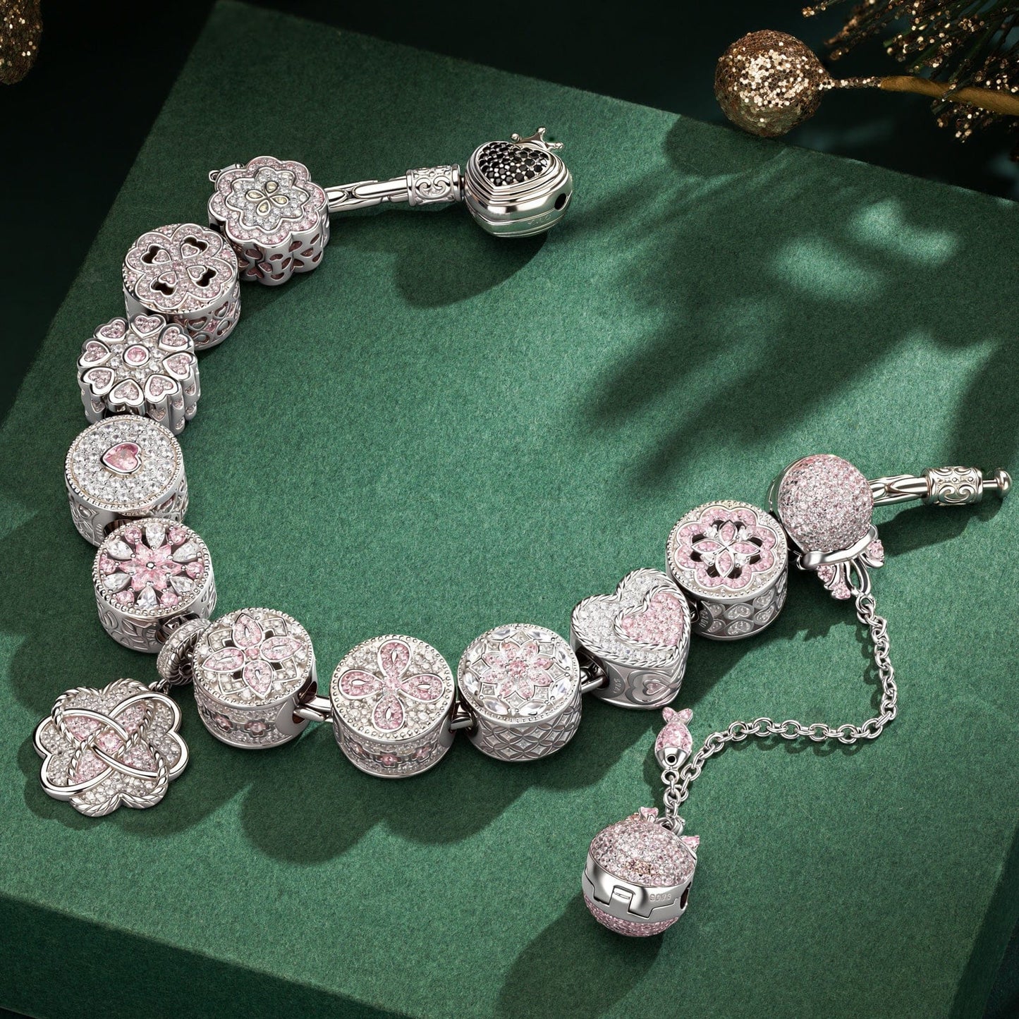 Sterling Silver Captivating Fairytale Charms Bracelet Set In White Gold Plated (Includes bracelet and all charms shown)