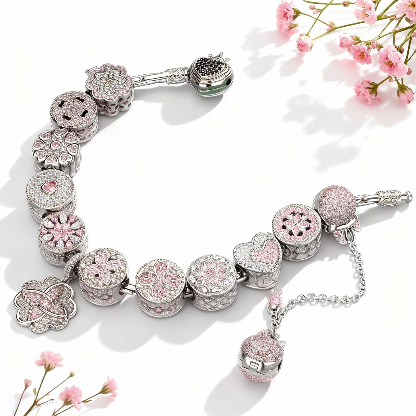 Sterling Silver Captivating Fairytale Charms Bracelet Set In White Gold Plated (Includes bracelet and all charms shown)
