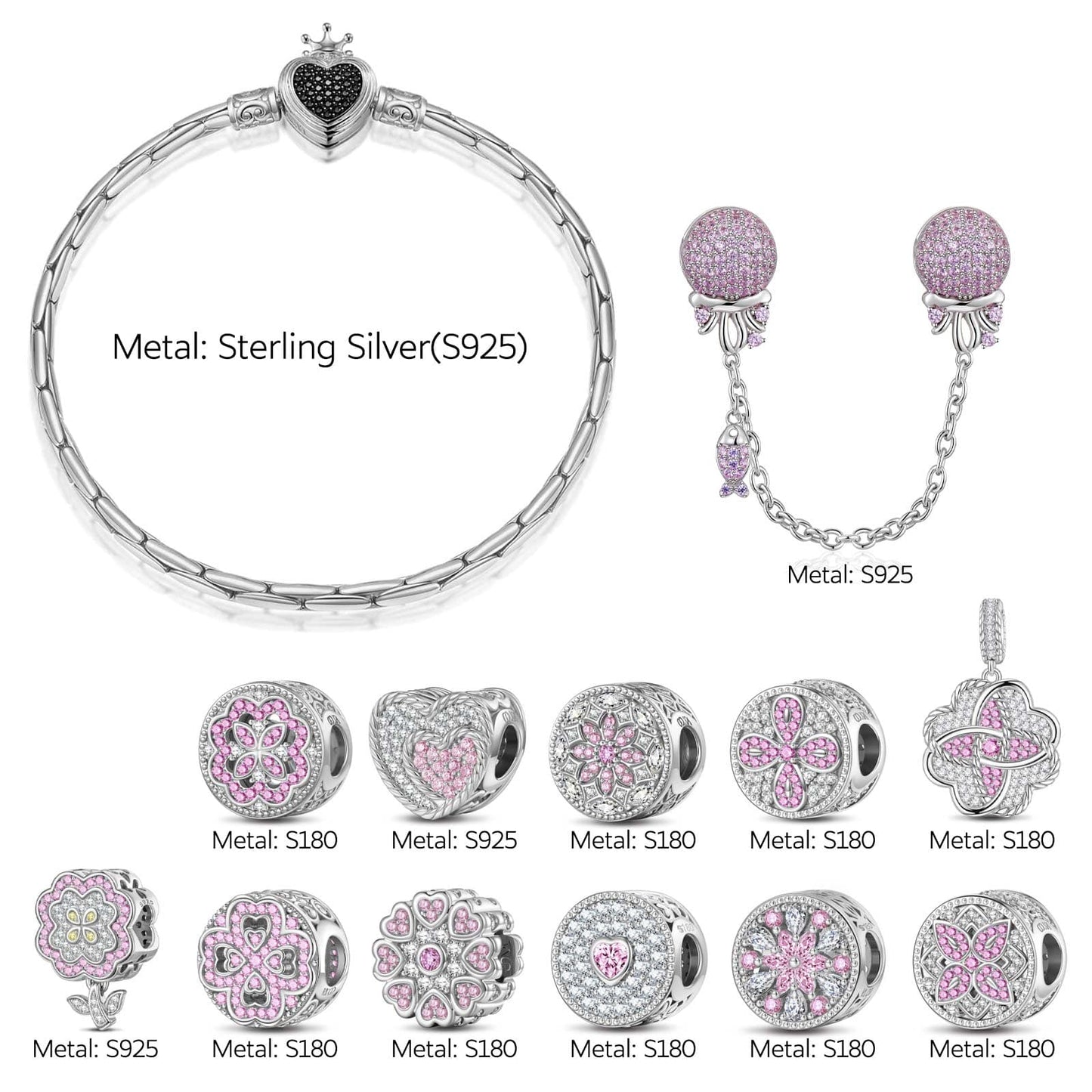 Sterling Silver Captivating Fairytale Charms Bracelet Set In White Gold Plated (Includes bracelet and all charms shown)