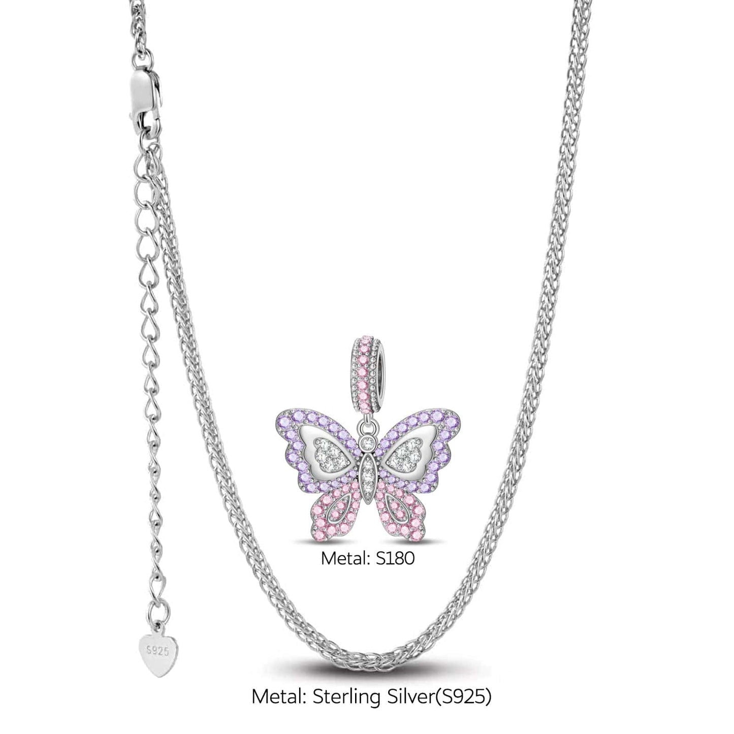 Sterling Silver Blush Flutter Charms Necklace Set In White Gold Plated