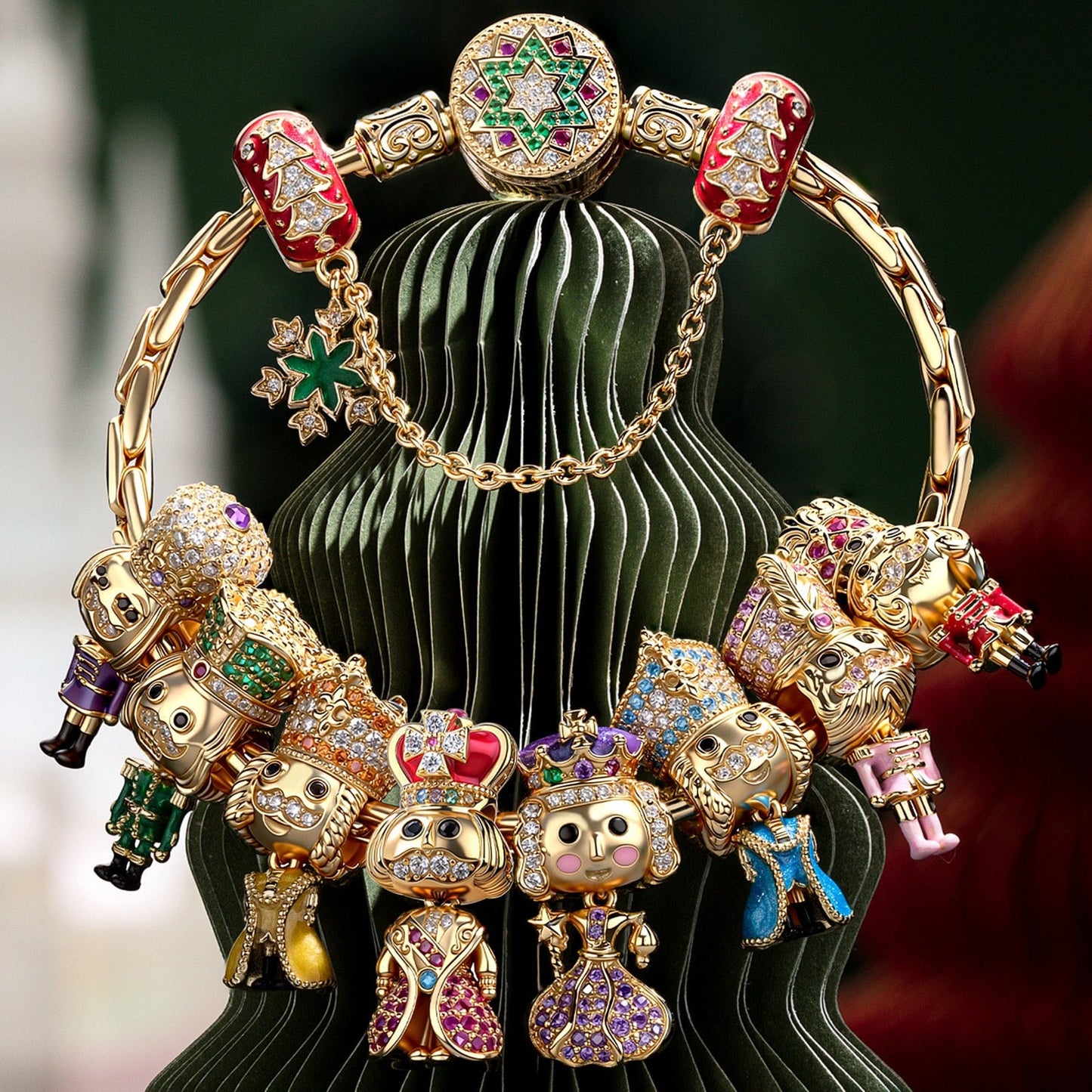 Sterling Silver Golden Nutcracker Royalty Charms Bracelet Set With Enamel In 14K Gold Plated (Includes bracelet and all charms shown)