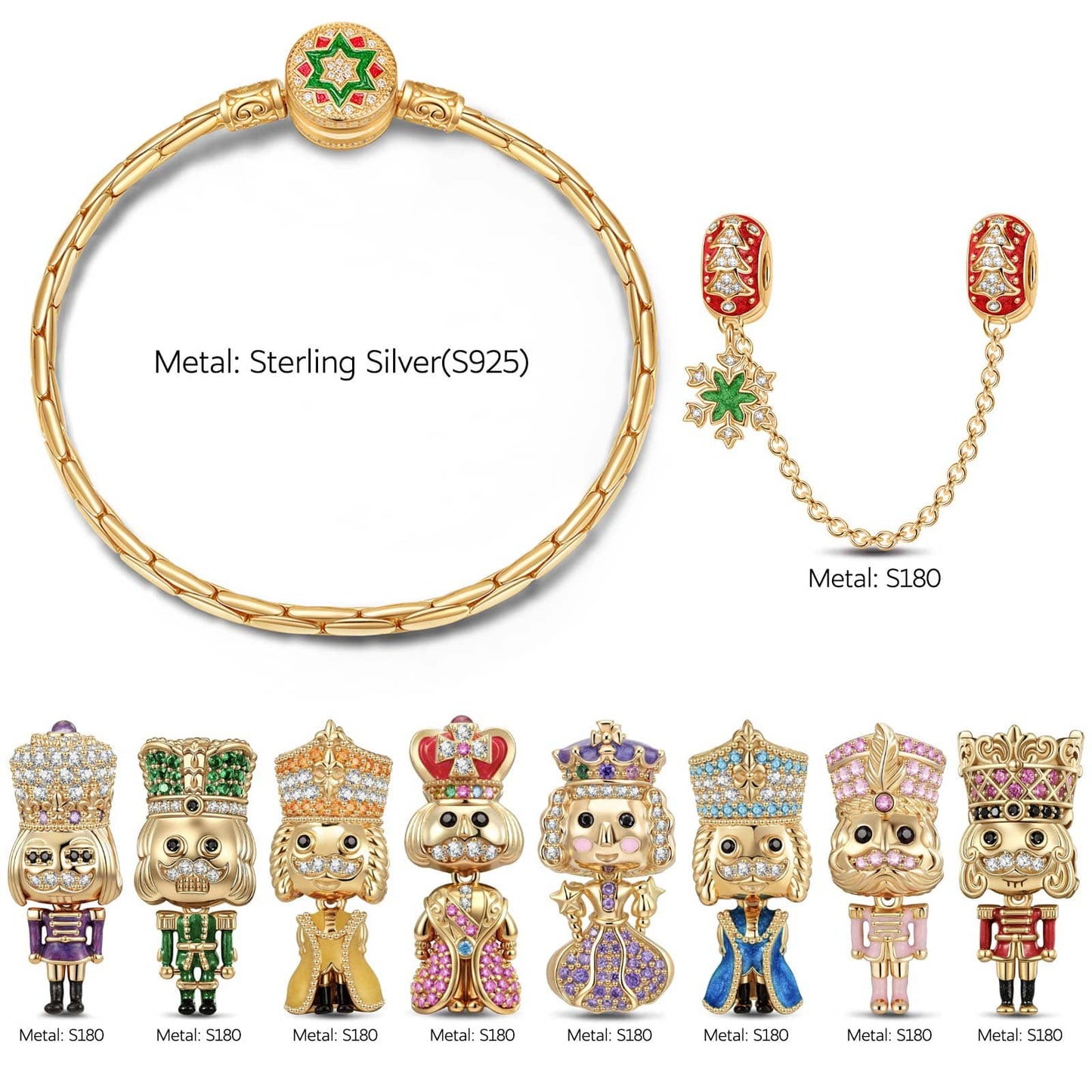 Sterling Silver Golden Nutcracker Royalty Charms Bracelet Set With Enamel In 14K Gold Plated (Includes bracelet and all charms shown)