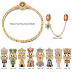 Sterling Silver Golden Nutcracker Royalty Charms Bracelet Set With Enamel In 14K Gold Plated (Includes bracelet and all charms shown)