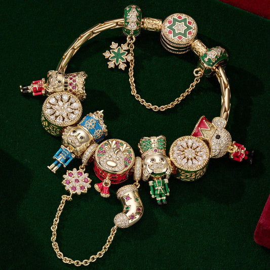 gona- Sterling Silver Opulent Nutcracker Splendor Charms Bracelet Set With Enamel In 14K Gold Plated (Includes bracelet and all charms shown)