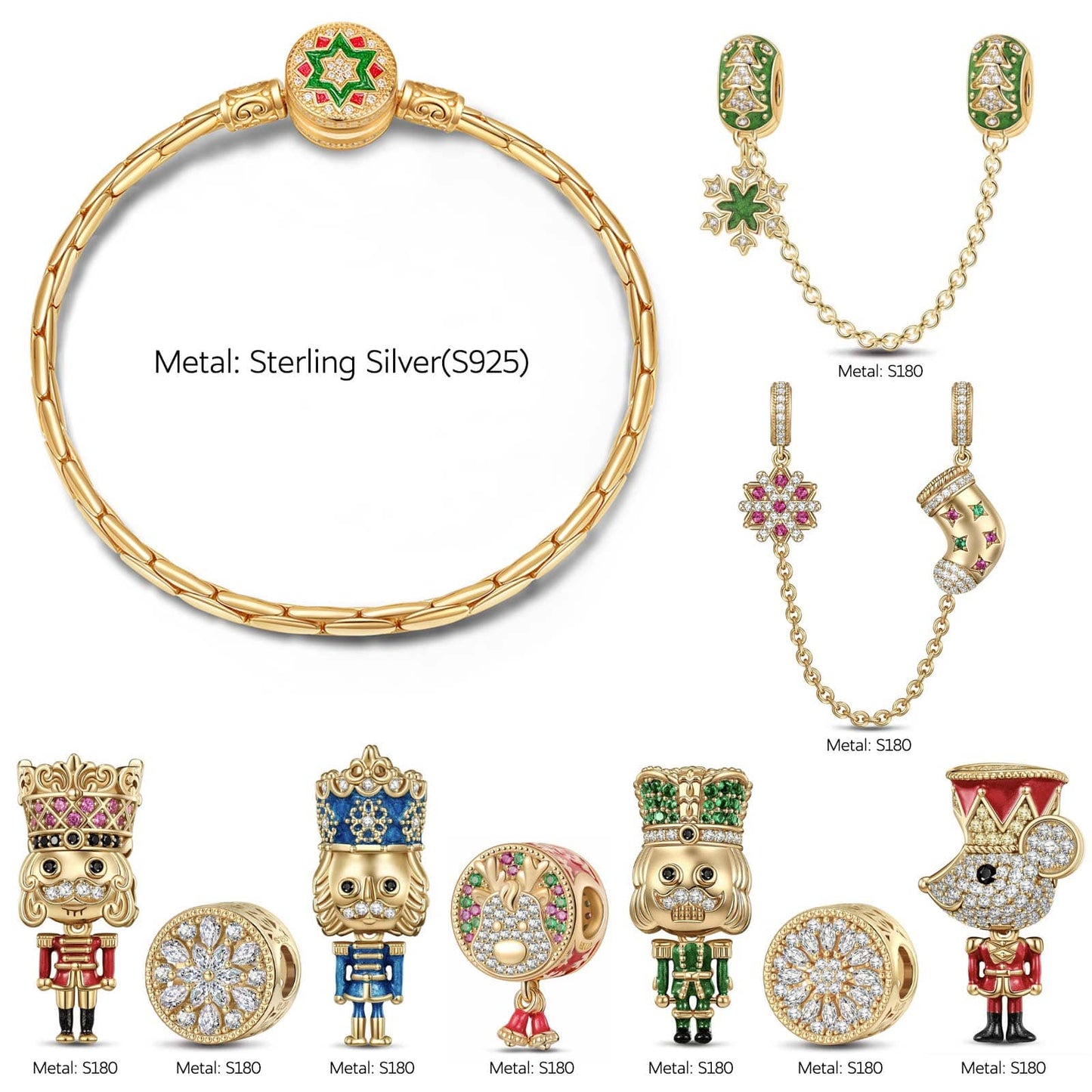Sterling Silver Opulent Nutcracker Splendor Charms Bracelet Set With Enamel In 14K Gold Plated (Includes bracelet and all charms shown)