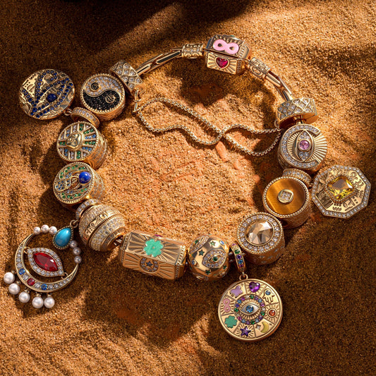 gona- Sterling Silver Blessed Sigil Charms Bracelet Set With Enamel In 14K Gold Plated (Includes bracelet and all charms shown)