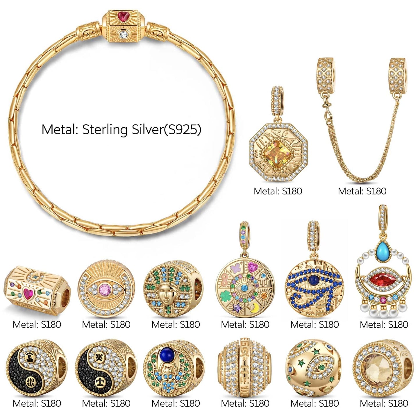 Sterling Silver Blessed Sigil Charms Bracelet Set With Enamel In 14K Gold Plated (Includes bracelet and all charms shown)