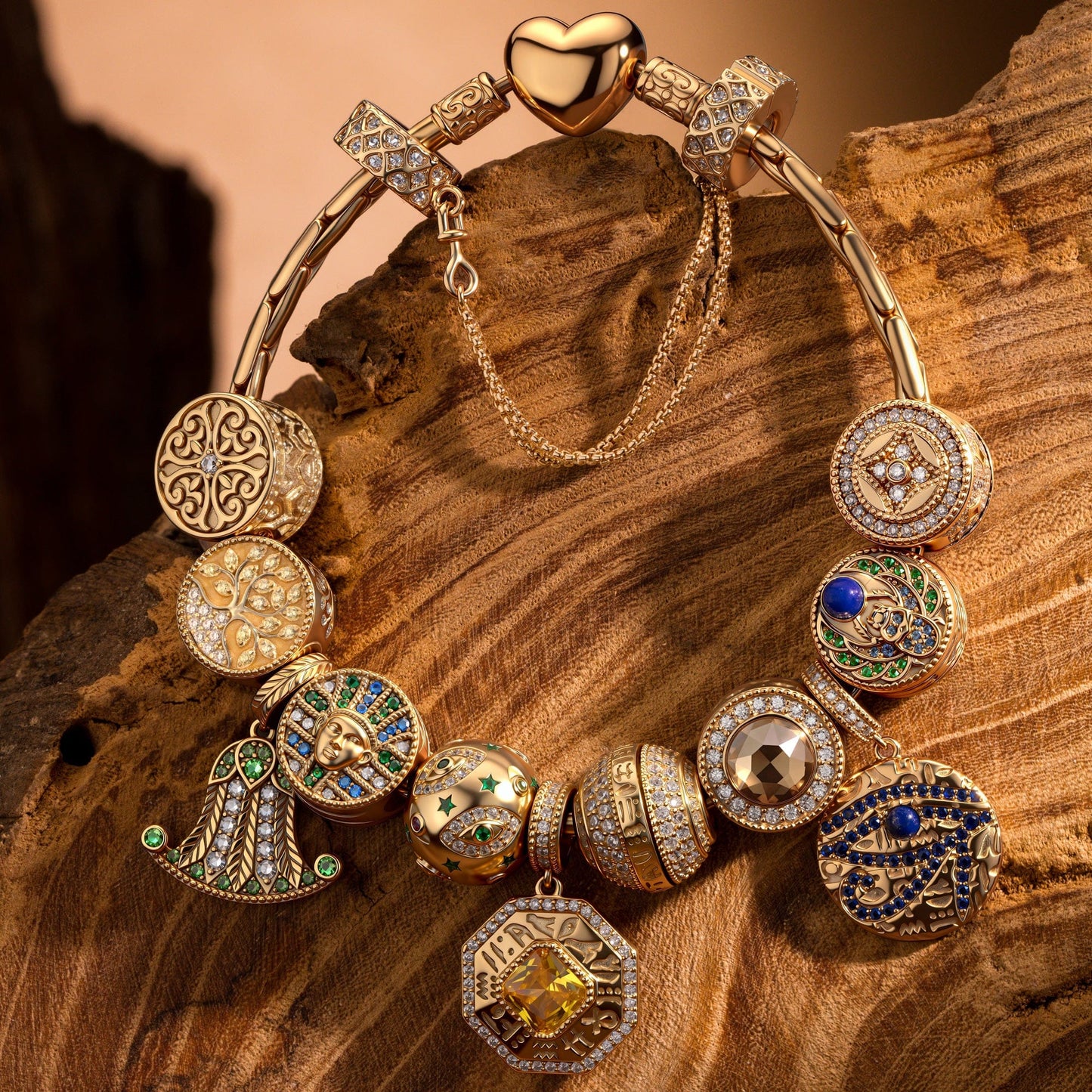 Sterling Silver Blessed Sigil Charms Bracelet Set With Enamel In 14K Gold Plated (Includes bracelet and all charms shown)