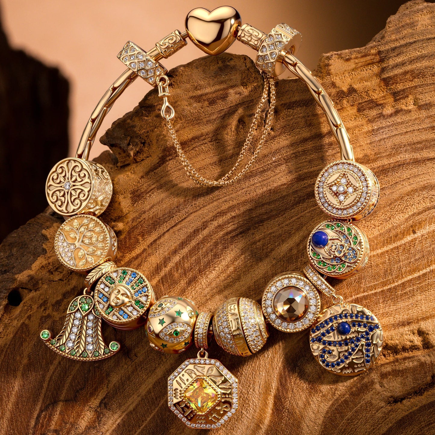 Sterling Silver Blessed Sigil Charms Bracelet Set With Enamel In 14K Gold Plated (Includes bracelet and all charms shown)