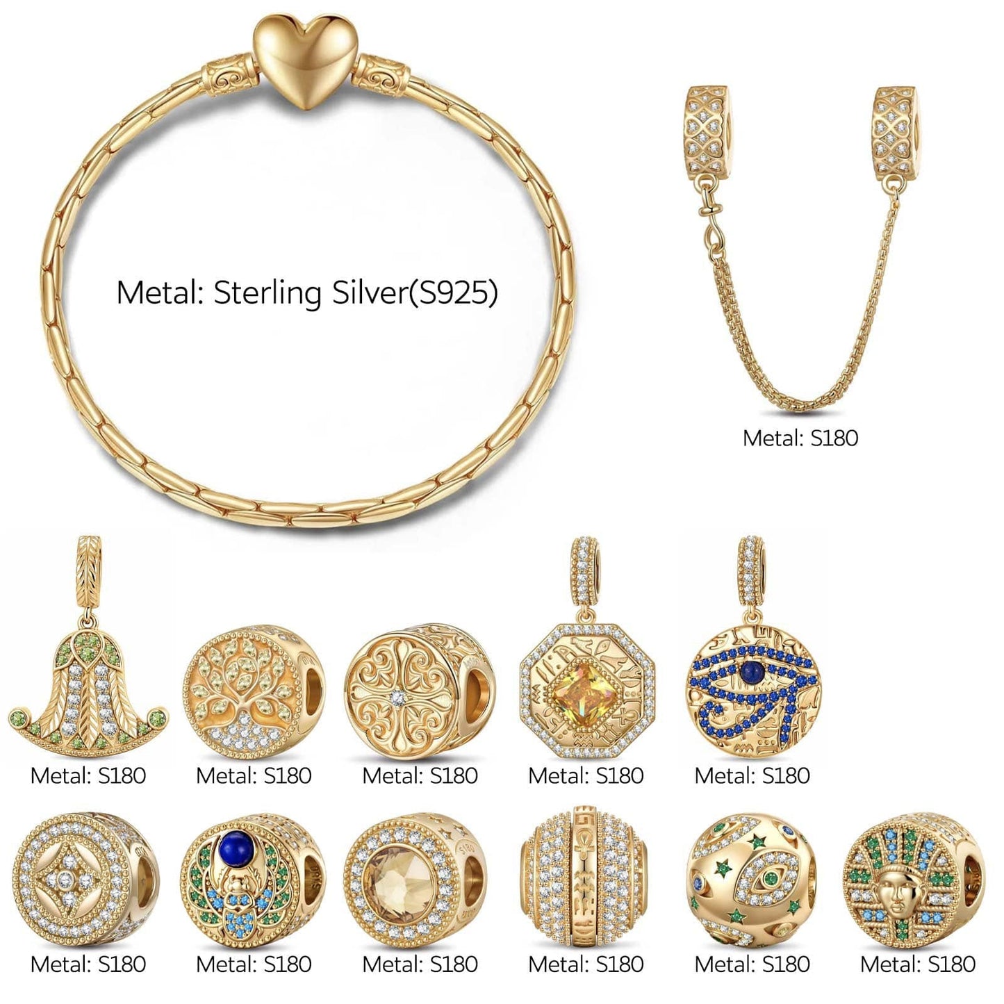 Sterling Silver Blessed Sigil Charms Bracelet Set With Enamel In 14K Gold Plated (Includes bracelet and all charms shown)