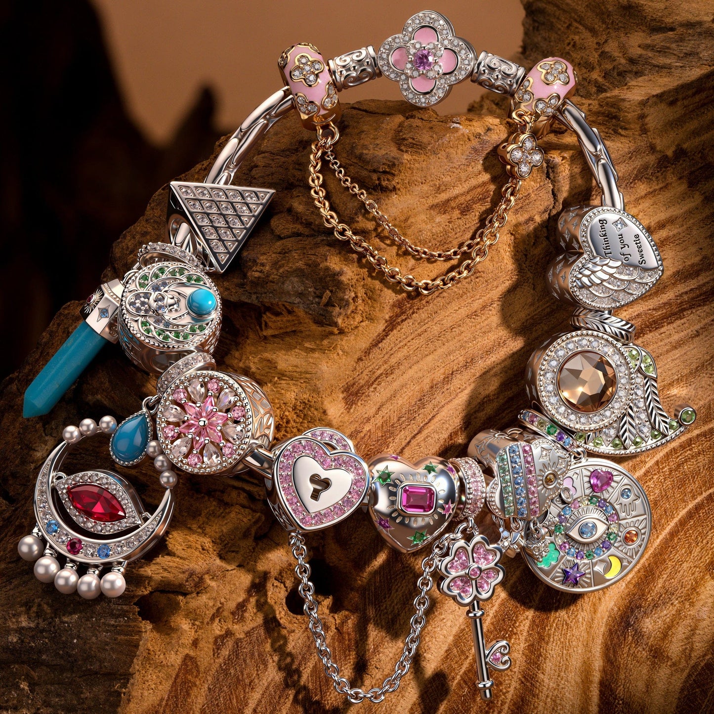 Sterling Silver Ancient Cipher Talisman Charms Bracelet - Set with Natural Turquoise (White Gold Plated, Includes Bracelet & All Charms Shown)