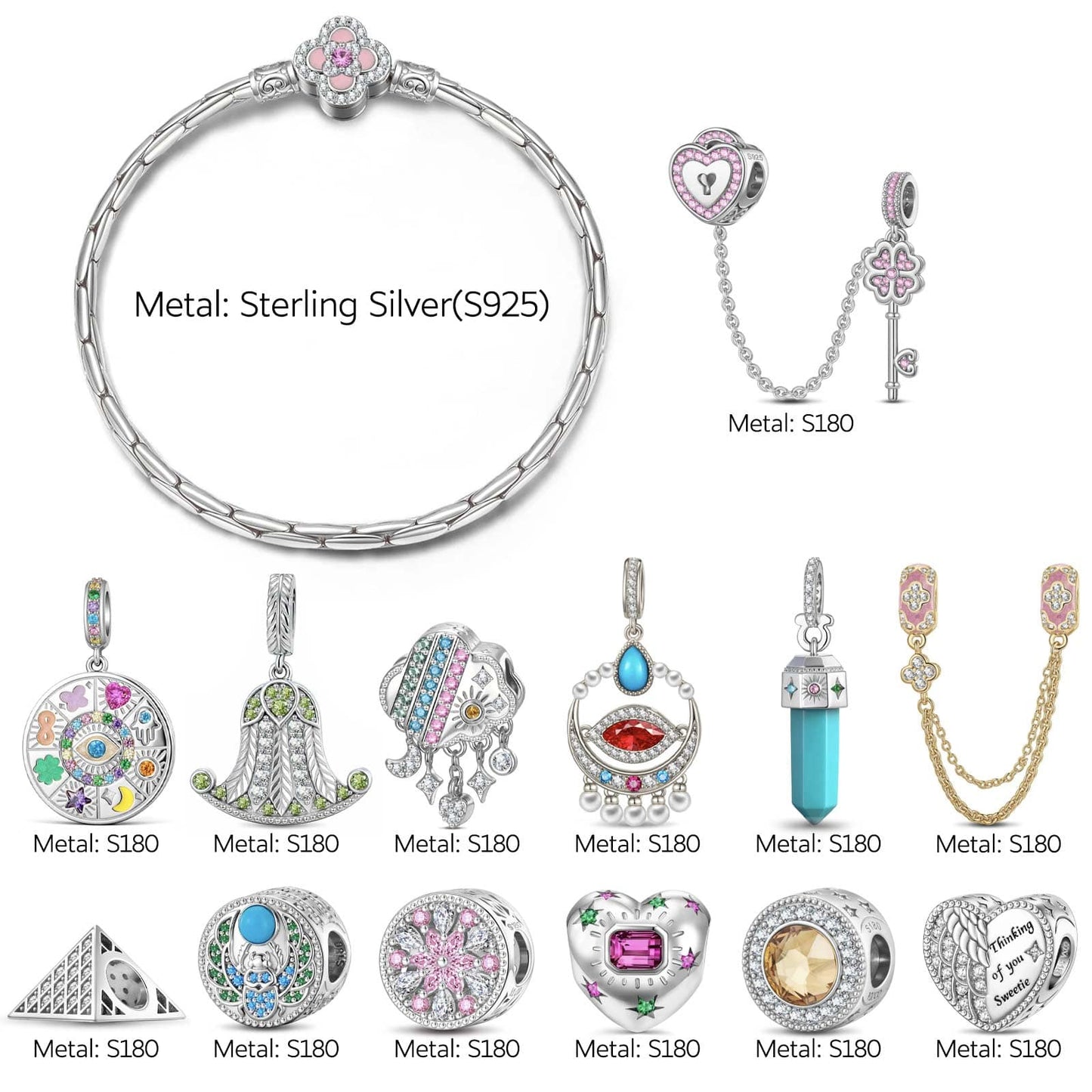 Sterling Silver Ancient Cipher Talisman Charms Bracelet - Set with Natural Turquoise (White Gold Plated, Includes Bracelet & All Charms Shown)