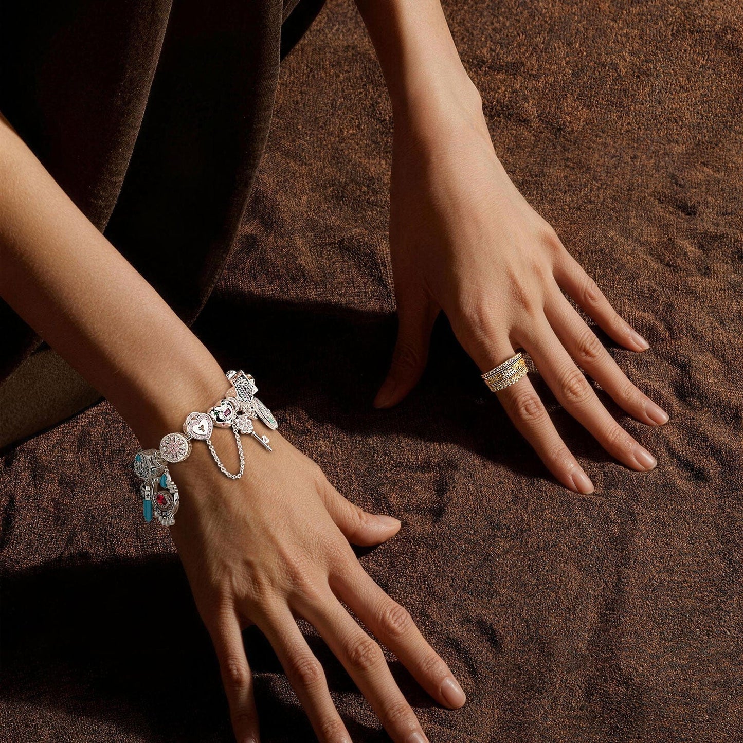 Sterling Silver Ancient Cipher Talisman Charms Bracelet - Set with Natural Turquoise (White Gold Plated, Includes Bracelet & All Charms Shown)