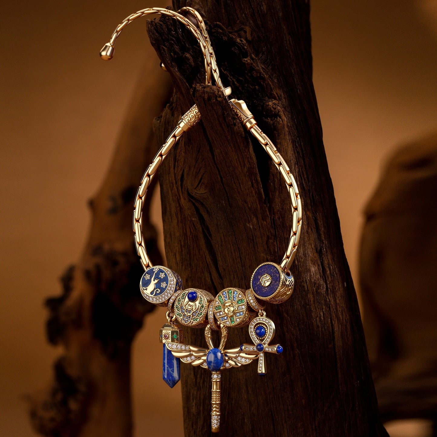 Ankh & Scarab Lapis Lazuli Talismans Tarnish-resistant Silver Bracelet - Adjustable Bamboo-Link Chain, Easy One-Hand Fit (Includes Bracelet & All Charms Shown)