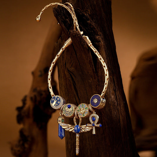 gona- Ankh & Scarab Lapis Lazuli Talismans Tarnish-resistant Silver Bracelet - Adjustable Bamboo-Link Chain, Easy One-Hand Fit (Includes Bracelet & All Charms Shown)