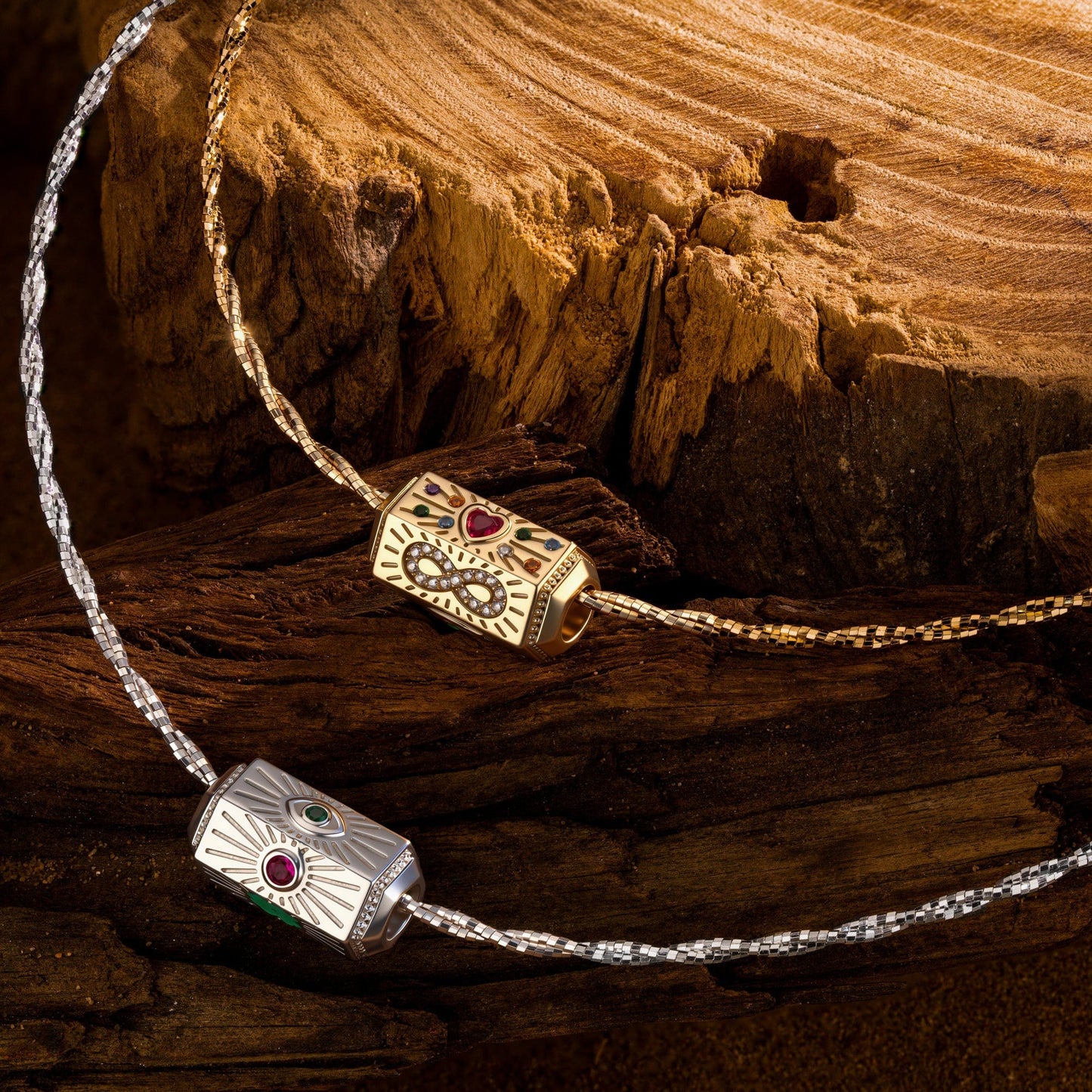 Sterling Silver Vespera Amulet Charms Necklace Set In 14K Gold Plated