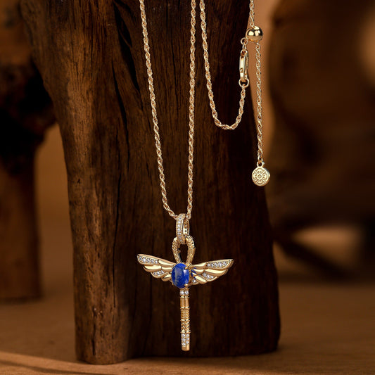 gona- Sterling Silver Ankh & Scarab Scepter Necklace with Natural Lapis Lazuli - Symbol of Life, Protection & Renewal